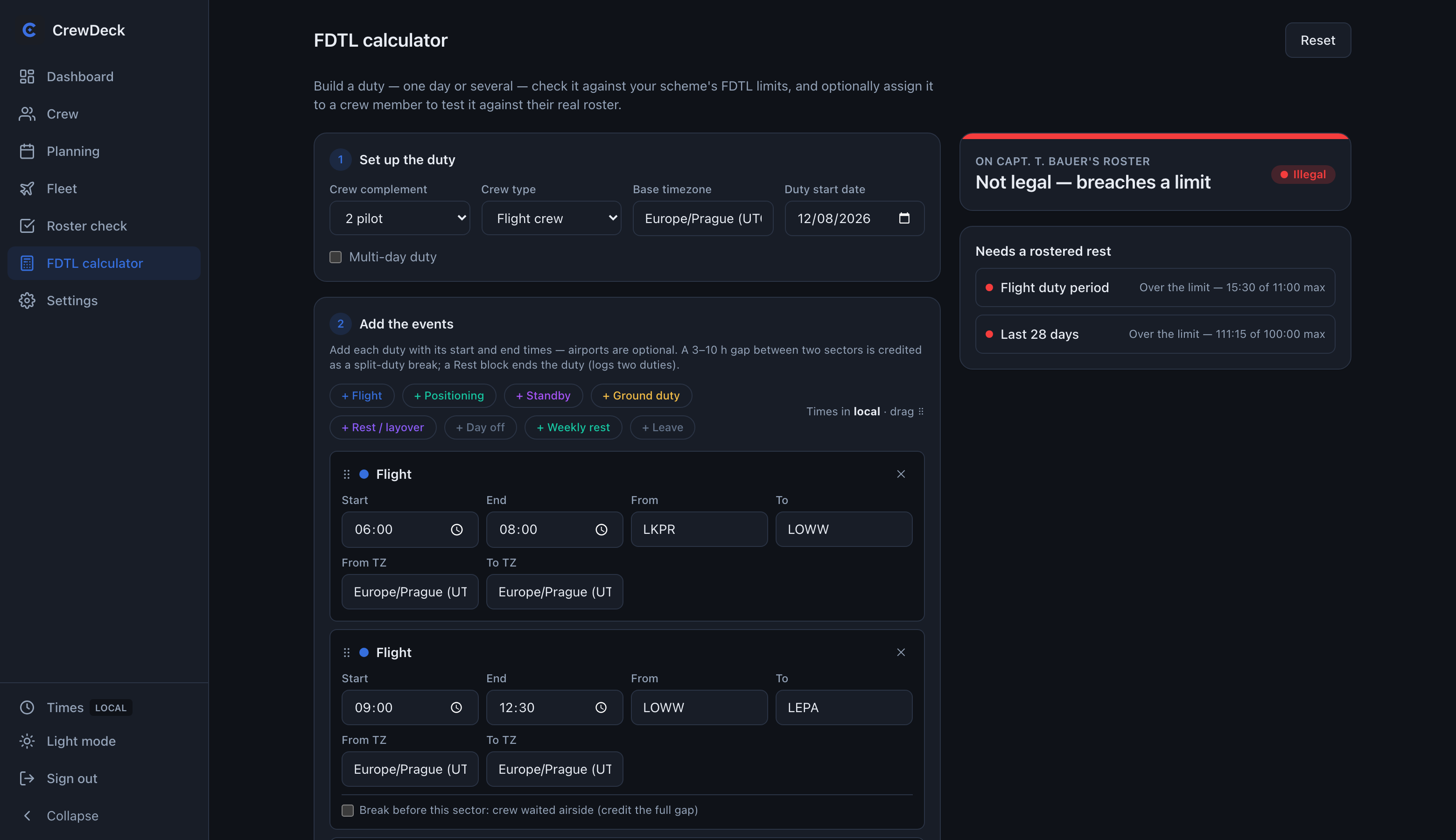 The same duty checked against a crew member's roster, showing two breaches