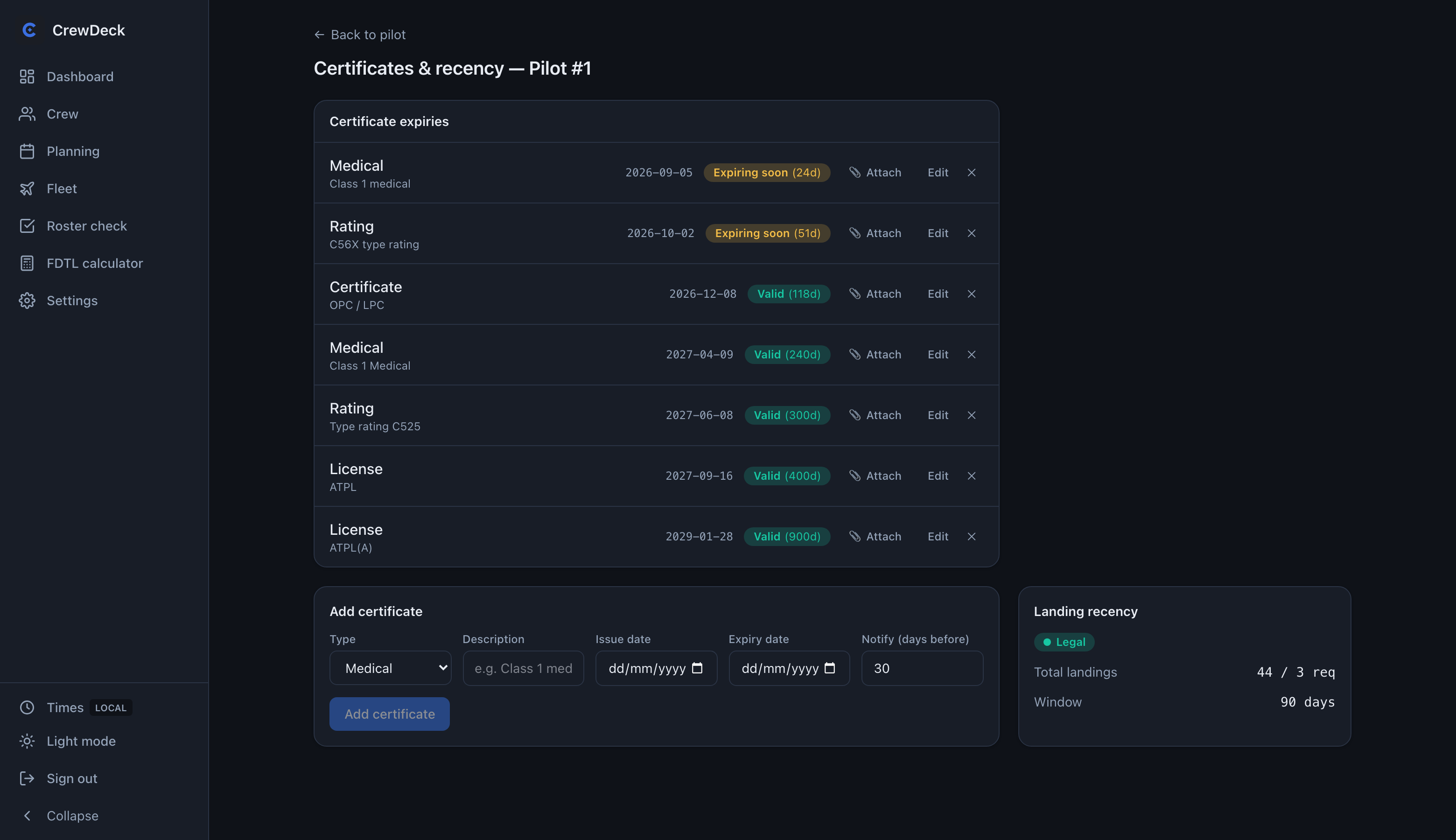 Certificates and recency with expiry badges