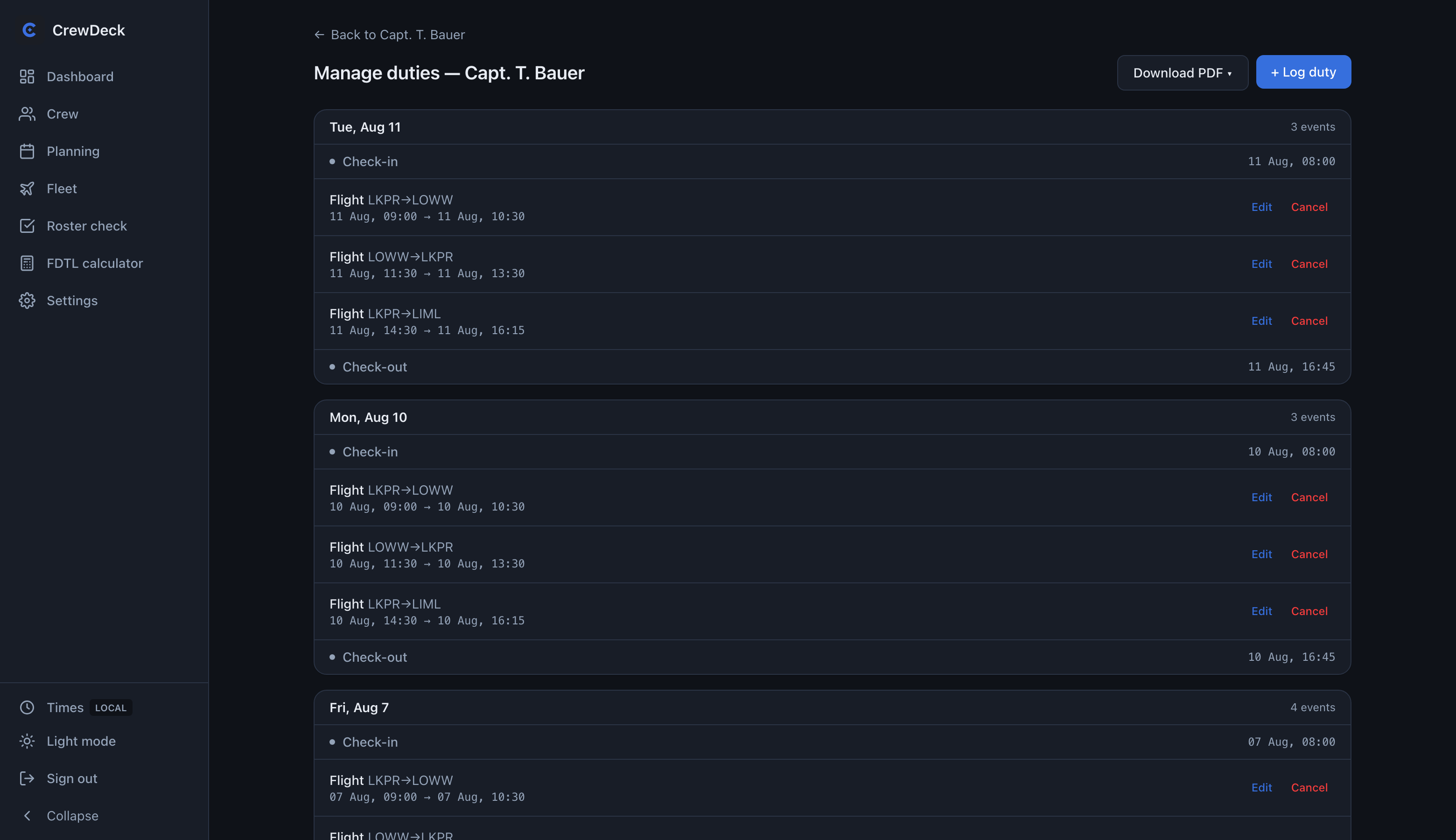 Append-only duty record with check-in and check-out boundaries